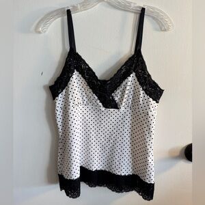 White House Black Market White and Black Polka Dot Lace-Trim Tank Size L
